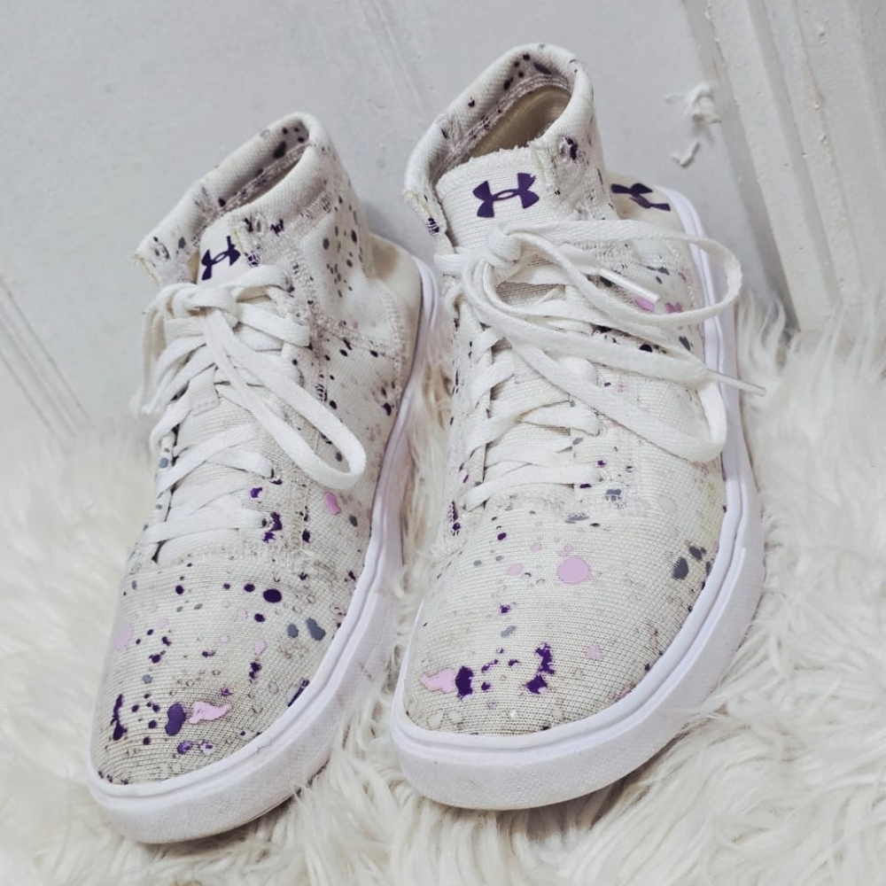 Under Armour Youth Kick it 2 Mid Paint Splatter White Sneakers Size 7Y🌴✌️